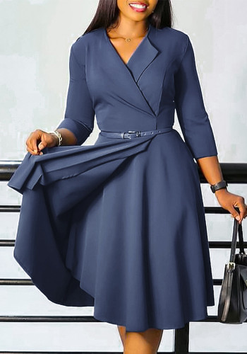 V-Neck Solid 3/4 Sleeve High Waist Belted A-Line African Dress