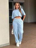 Round Neck short Sleeve Crop Top and Pants 2 piece set