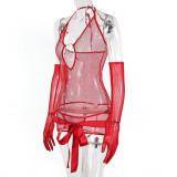 Red Mesh Halter Neck Ring Sexy Lingerie Set with Gloves