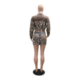 Leopard Print 2PCS Set Long Sleeve Button Turndown Collar Top and Bodycon Short Skirt(no pocket)