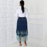 Plus Size Denim Splicing Tassel Long Skirt
