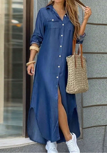 Fashion Denim Turndown Collar Button Full Sleeve Casual Long Dress