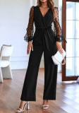 Fashion Elegant Jumpsuit with V-Neck Dot Mesh Long Sleeve Belted Straight Leg
