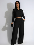 Solid Turndown Collar Long Sleeve Pocket Crop Top and Wide-leg Pants 2PCS Set