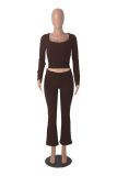 Solid Long Sleeve Crop Top and Flare Pants Casual Sports 2-piece Set