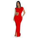 Solid Sleeveless Cut Out V Neck Maxi Dress