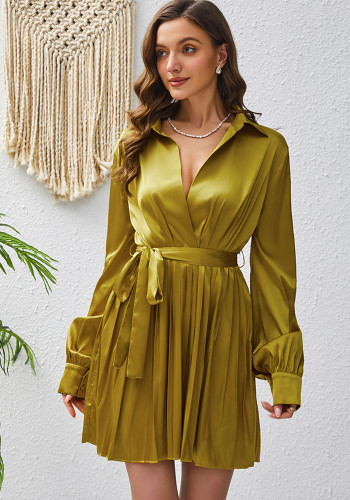 Solid V-Neck Belted Long Sleeve Pleated Shirt Dress