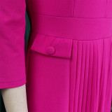 Elegant 3/4 Sleeve Solid Pleated Midi Dress