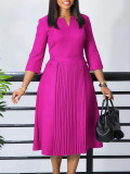 Elegant 3/4 Sleeve Solid Pleated Midi Dress