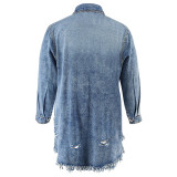 Plus Size Denim Coat Fringed Ripped Long Sleeve Button Down Dress