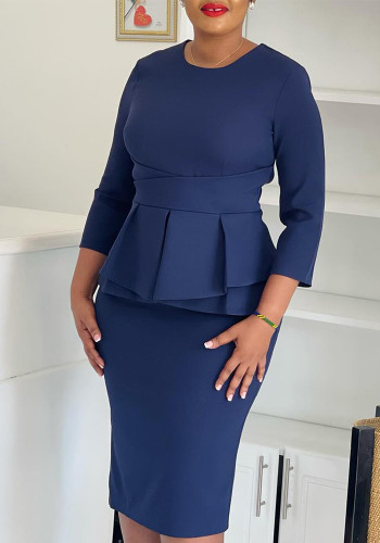 African 3/4 Sleeve Solid Bodycon Peplum dress