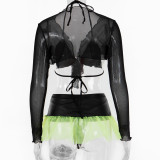Sexy Lingerie See-Through Contrast Mesh 4-Piece Bra Top Mini Skirt Set
