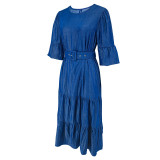 Plus Size Puff Sleeve Round Neck Ruffle Denim Dress