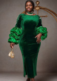Green Velvet Beaded Slit Long Party Dress