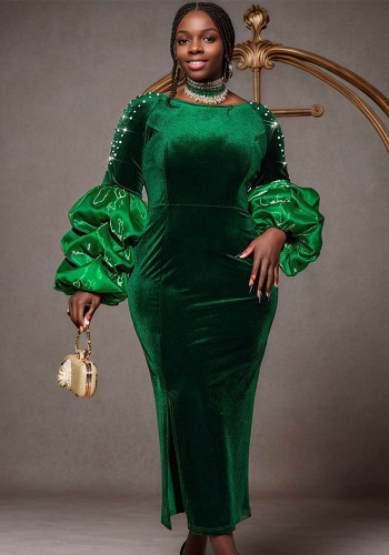 Green Velvet Beaded Slit Long Party Dress