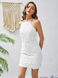Sexy Halter Neck Backless Flower Slim White Dress