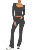 Solid Long Sleeve Crop Top and Flare Pants Casual Sports 2-piece Set