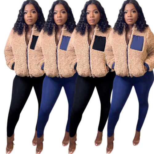 Winter Patchwork Plush Jacket and Pants Two Piece Set