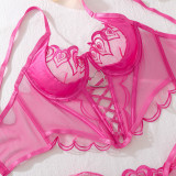 Women Sexy Lingerie Set See-Through Heart Embroidered Lace Up Bra Set