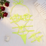 Bow Hollow Out Halter Neck Underwired Gathered Lace-Up Sexy Lingerie Set
