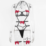 Bow Hollow Out Halter Neck Underwired Gathered Lace-Up Sexy Lingerie Set