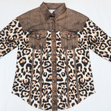 Leopard Print 2PCS Set Long Sleeve Button Turndown Collar Top and Bodycon Short Skirt(no pocket)