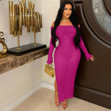 Solid Off Shoulder Slit Sexy See-Through Bodycon Long Dress With Pantie