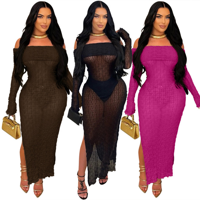 Solid Off Shoulder Slit Sexy See-Through Bodycon Long Dress With Pantie