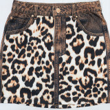 Leopard Print 2PCS Set Long Sleeve Button Turndown Collar Top and Bodycon Short Skirt(no pocket)