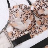 Sexy Halter Neck Leopard Applique Garter Set See-Through Mesh Sexy Lingerie Set