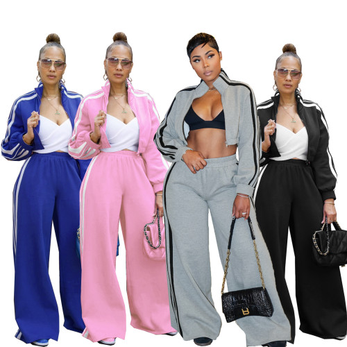 Striped Zipper Casual Top and Wide Leg Pants Set