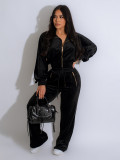 Long-sleeved Turndown Collar Zipper Short Jacket and pants 2 Piece Set