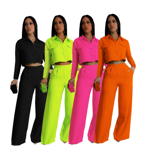 Solid Turndown Collar Long Sleeve Pocket Crop Top and Wide-leg Pants 2PCS Set