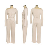 Solid Irregular Long Sleeve Off Shoulder Top and Pants Set