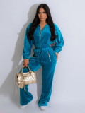 Long-sleeved Turndown Collar Zipper Short Jacket and pants 2 Piece Set