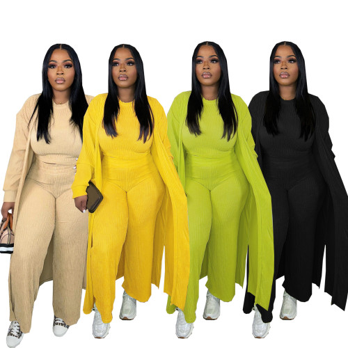 Solid Long-sleeved Cardigan Sleeveless Crop Top Wide-leg Pants Casual 3PCS Set
