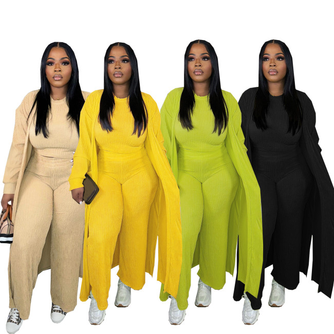 Solid Long-sleeved Cardigan Sleeveless Crop Top Wide-leg Pants Casual 3PCS Set