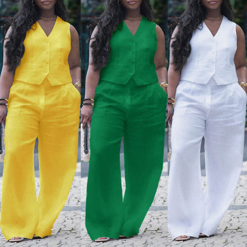 Solid Color V Neck Vest Wide Leg Pants 2 piece Set