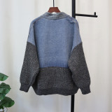 Denim Patchwork Deep-V Long Sleeve Knitting Sweater Denim Jacket