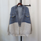 Denim Patchwork Deep-V Long Sleeve Knitting Sweater Denim Jacket
