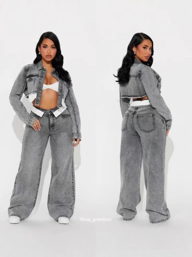 Fashion Denim Two Piece Set Pockets Sexy Short Jacket and Pants