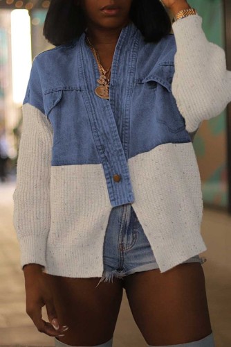 Denim Patchwork Deep-V Long Sleeve Knitting Sweater Denim Jacket
