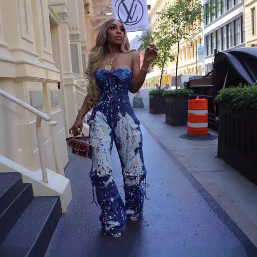 Stretchy Strapless Splash Ink Denim Cargo Jumpsuit