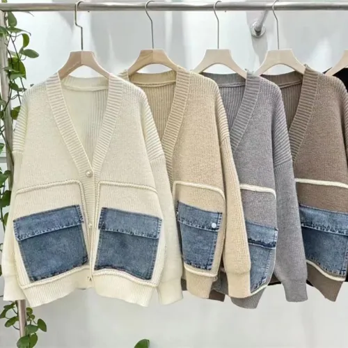 Fashion Denim Knitting Patchwork Cardigan Loose Sweater