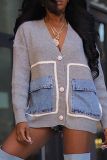 Fashion Denim Knitting Patchwork Cardigan Loose Sweater