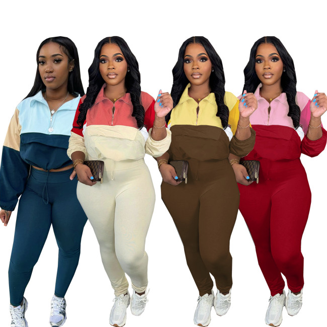 Colorblock 1/2 Zipper Long Sleeve Drawstring Short Sweatshirt and Tight Pants Set Casual Sweatsuit