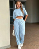 Round Neck short Sleeve Crop Top and Pants 2 piece set