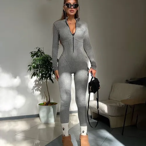 Solid Long Sleeve Zipper Bodycon Jumpsuit