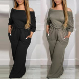 Solid Boat Neck Fashion Low Back Wide Leg Casual Jumpsuit