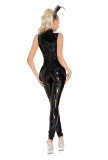Black Patent PU Zipper Catsuit Lingerie with Headwear